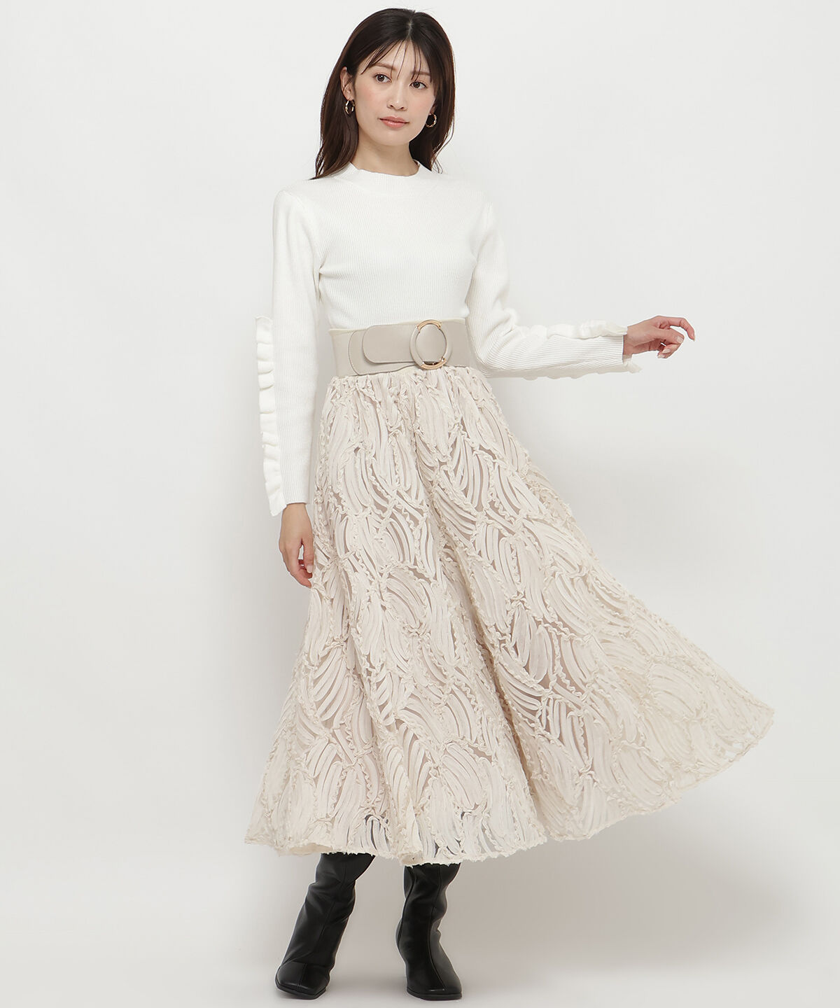 アンドクチュール「ウエストリブコード刺しゅうロングスカート」|フレア|