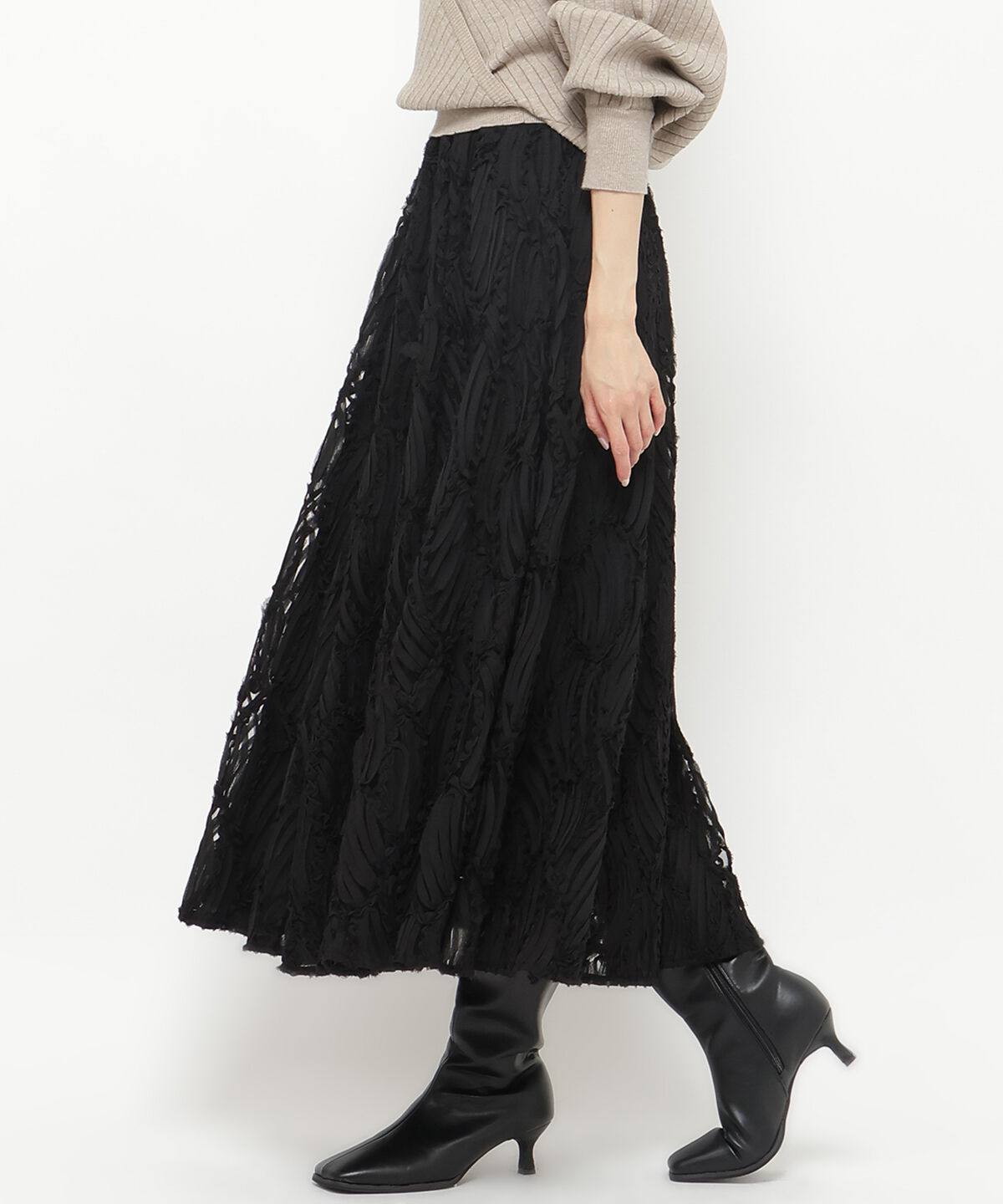 アンドクチュール「ウエストリブコード刺しゅうロングスカート」|フレア|