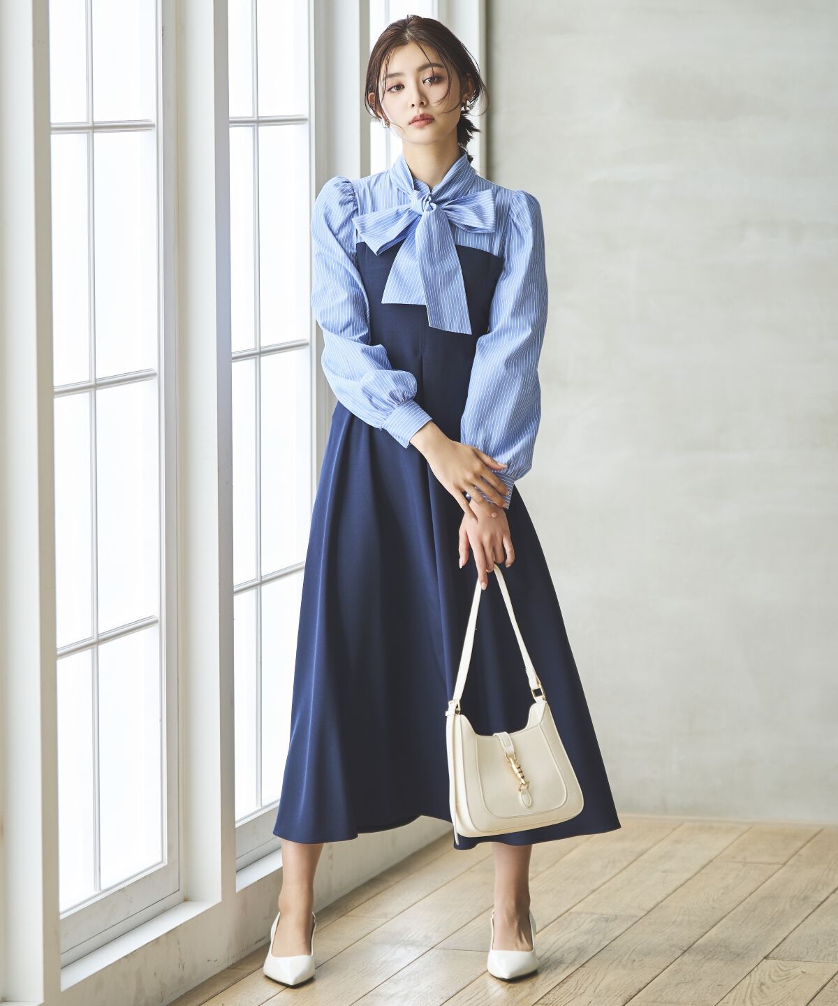 アンドクチュール「ヨーク切替リボンタイワンピース」|ワンピース|ネイビー