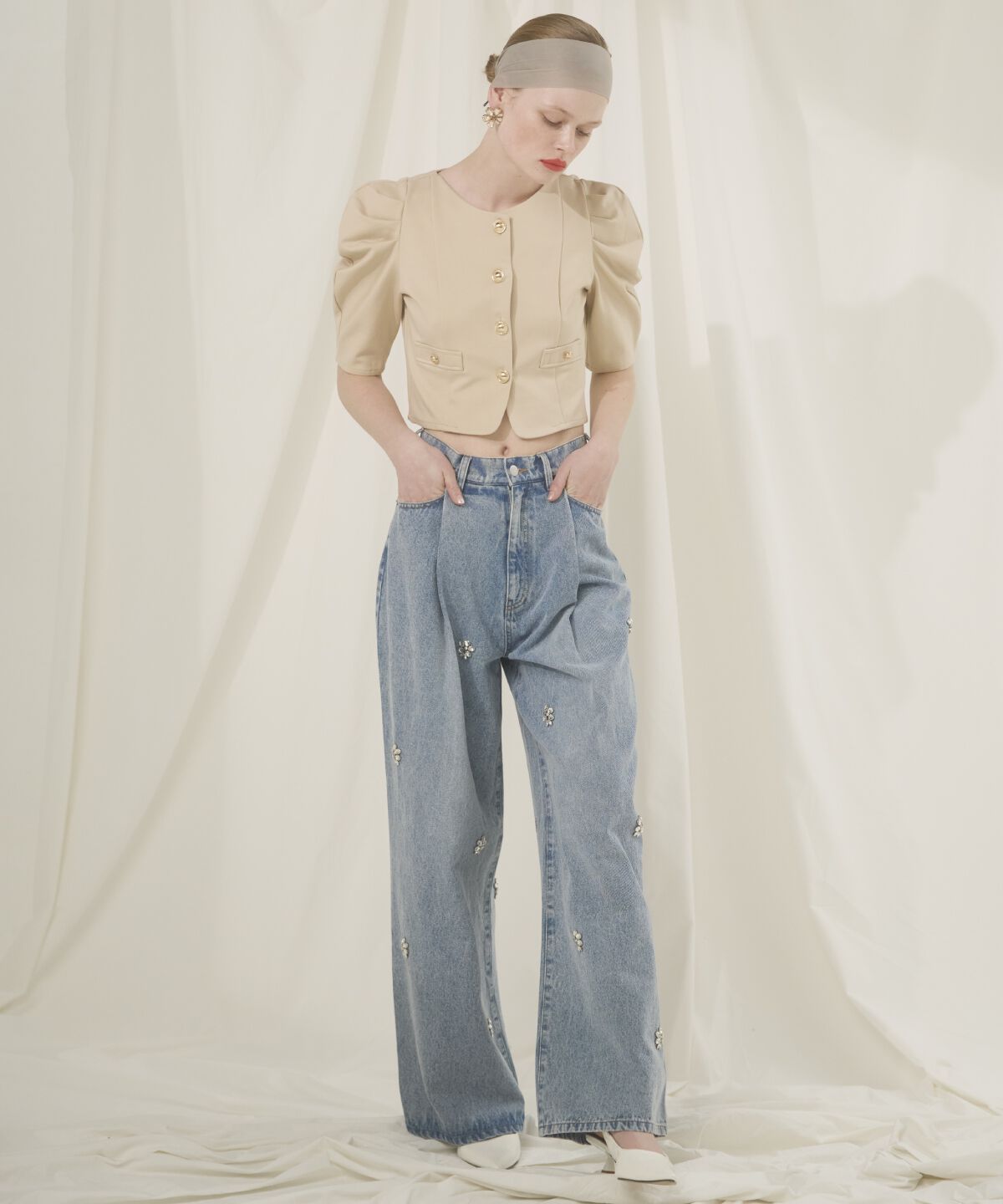 アンドクチュール「パワーショルダーポンチジャケット」|ノーカラージャケット|