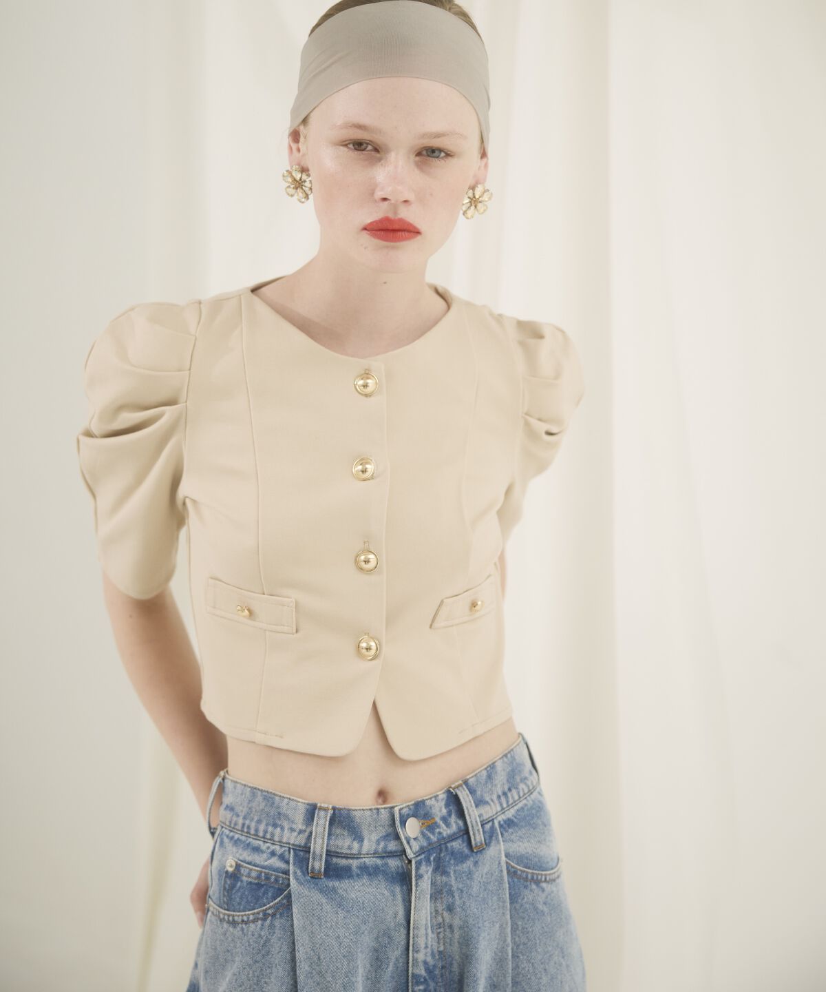 アンドクチュール「パワーショルダーポンチジャケット」|ノーカラージャケット|