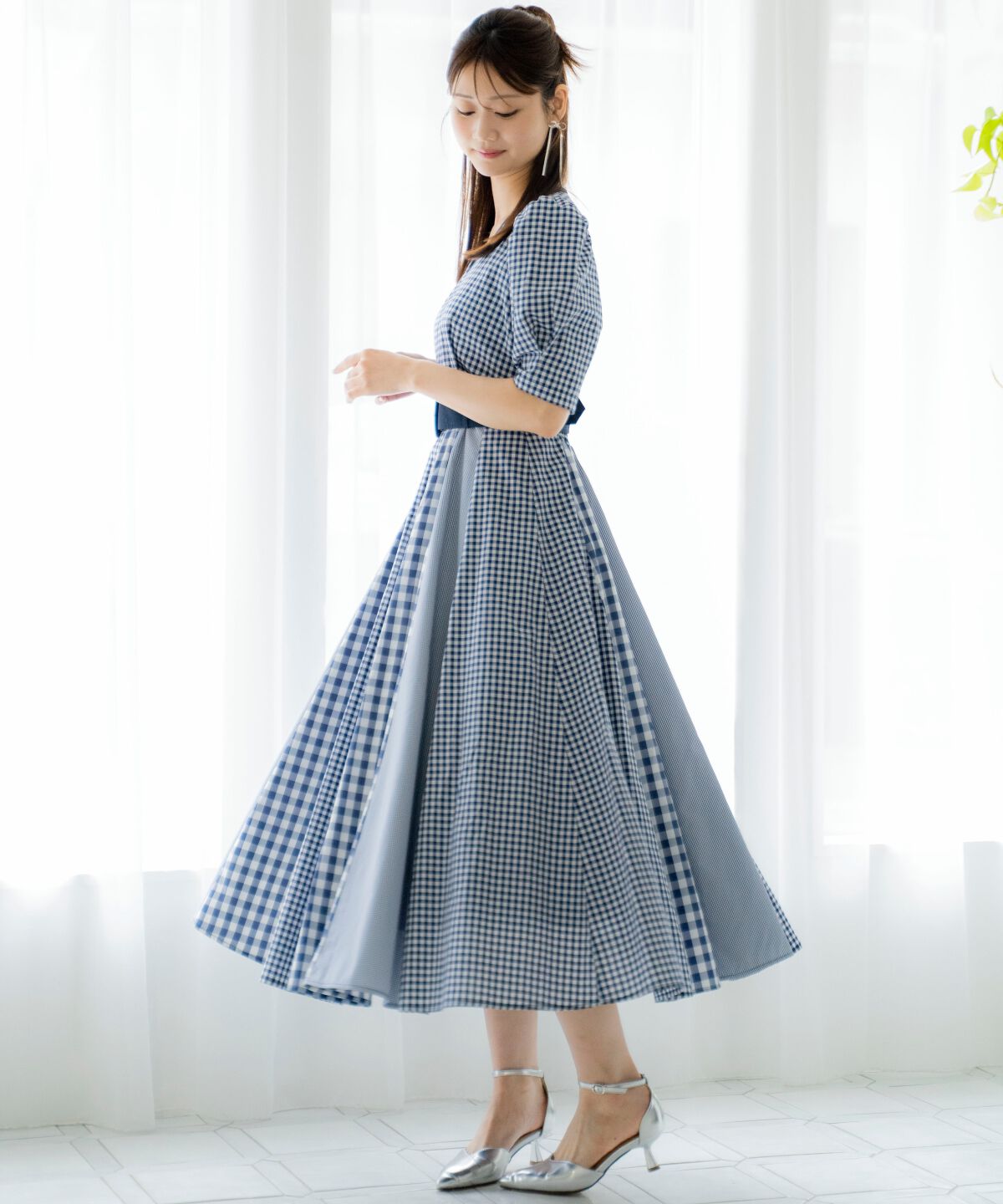 アンドクチュール「ギンガムMIXパネルワンピース」|ワンピース|紺系チェック