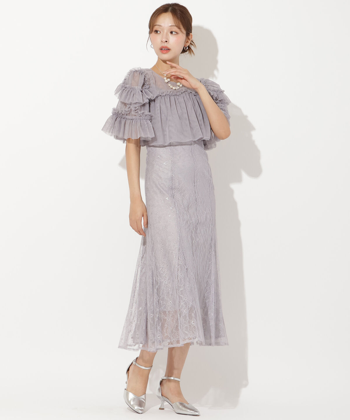 アンドクチュール「チュールフリルブラウス+レースキャミドレス」|ドレス|ライトグレー