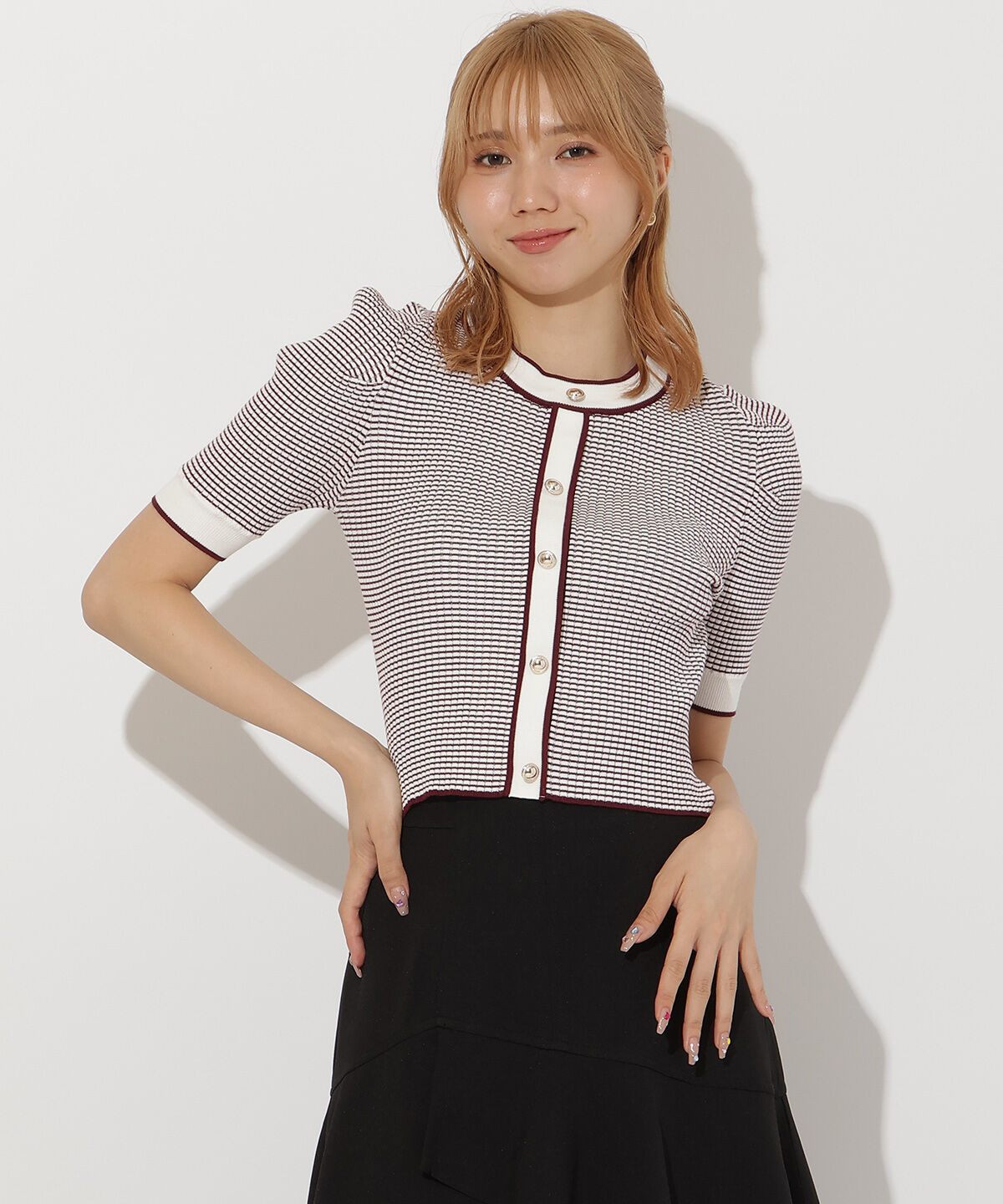 アンドクチュール「ボーダー配色5分袖プルオーバー」|ニット・セーター|ボルドー