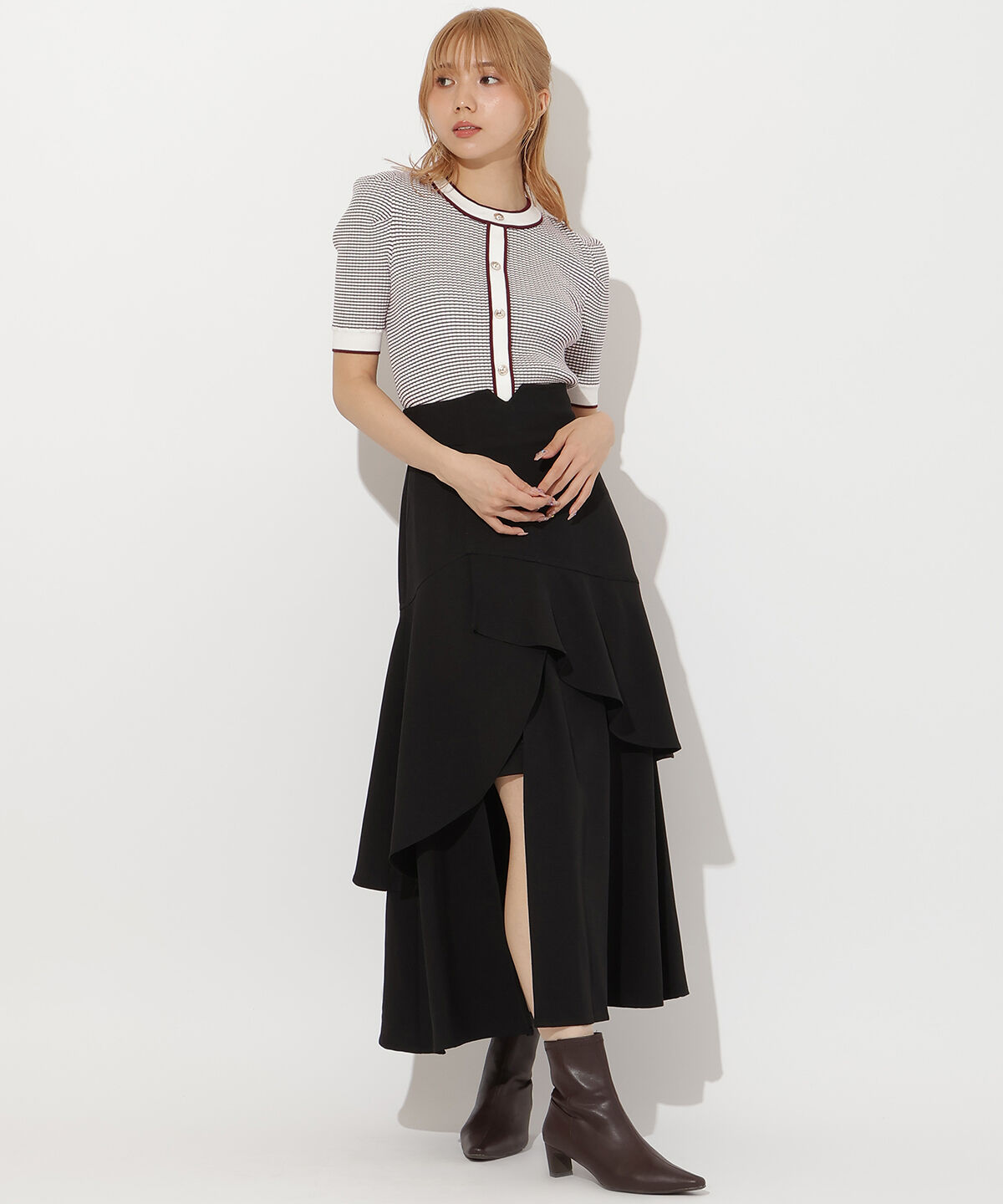 アンドクチュール「ボーダー配色5分袖プルオーバー」|ニット・セーター|