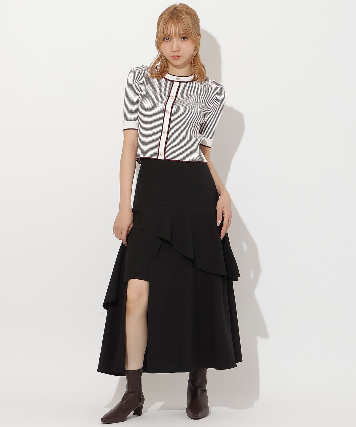 アンドクチュール「ボーダー配色5分袖プルオーバー」|ニット・セーター|