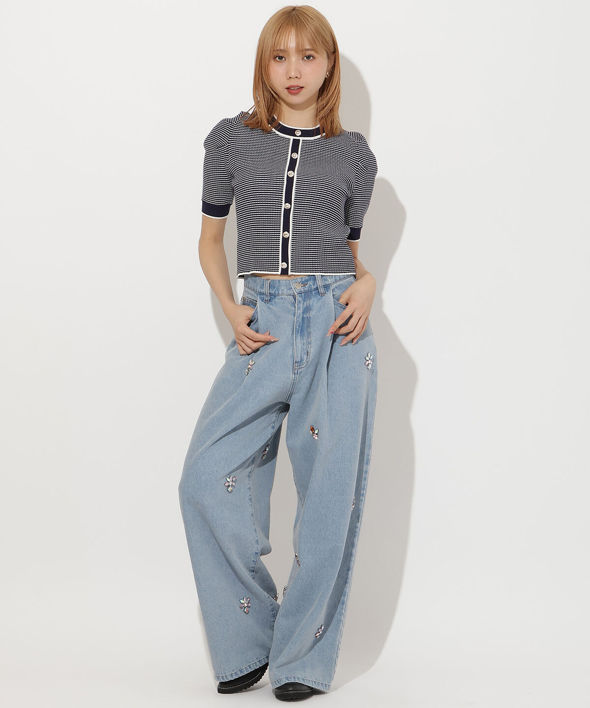 アンドクチュール「ボーダー配色5分袖プルオーバー」|ニット・セーター|