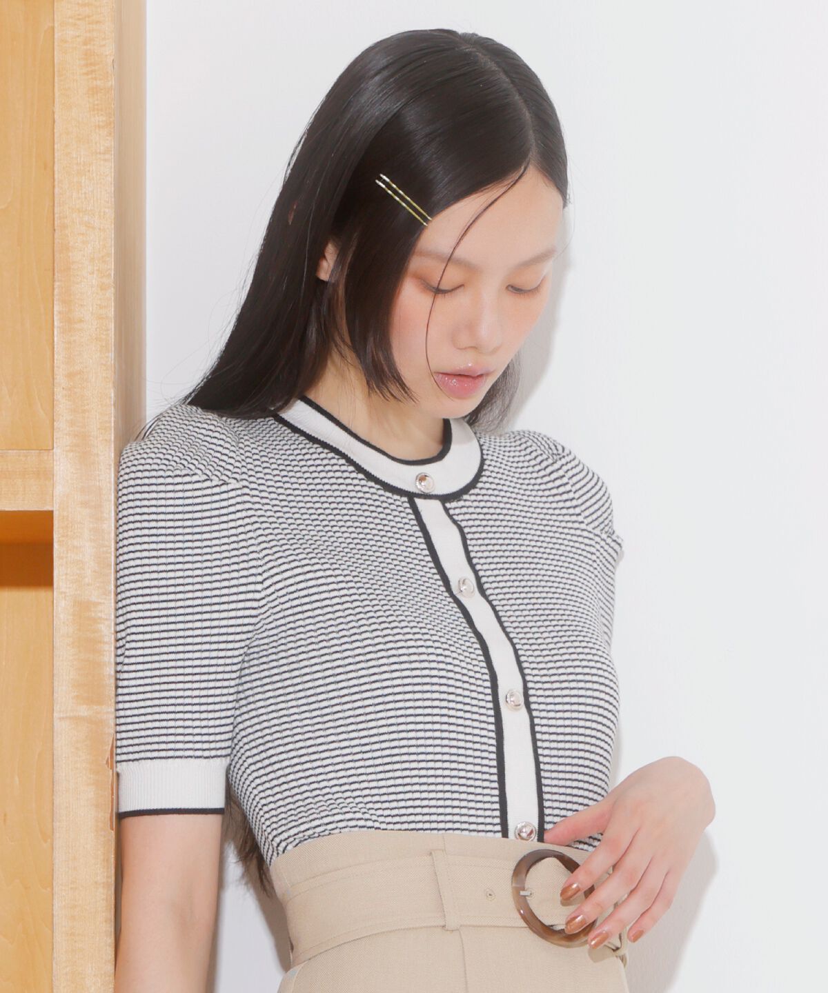 アンドクチュール「ボーダー配色5分袖プルオーバー」|ニット・セーター|ブラック