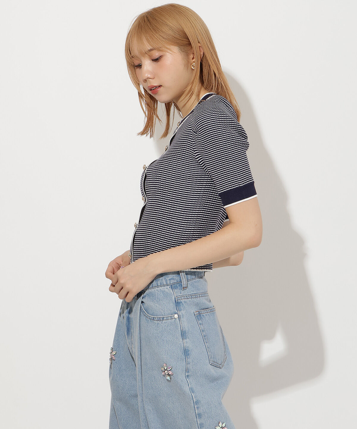 アンドクチュール「ボーダー配色5分袖プルオーバー」|ニット・セーター|