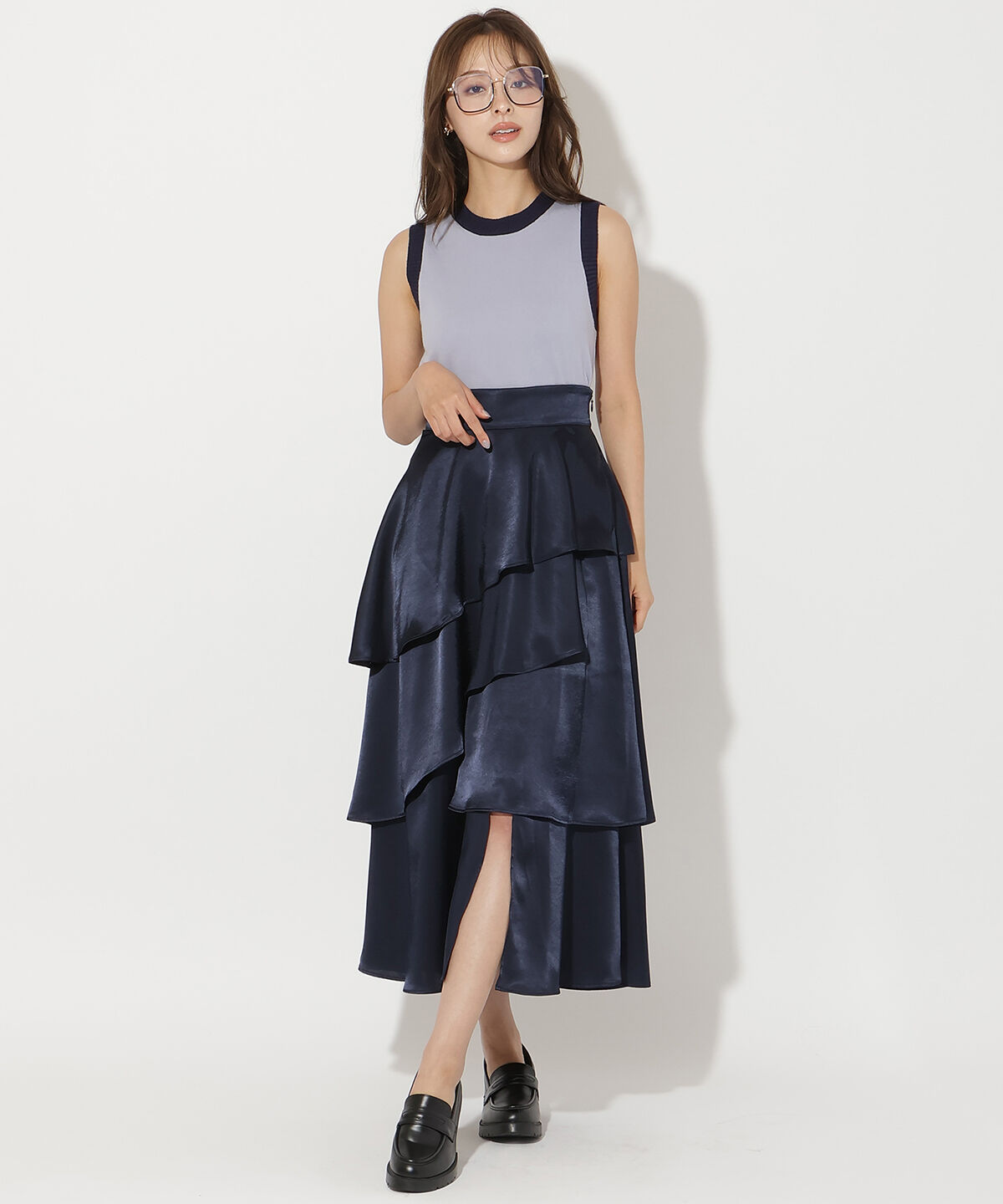 アンドクチュール「サテンアシメフリルティアードスカート」|フレア|