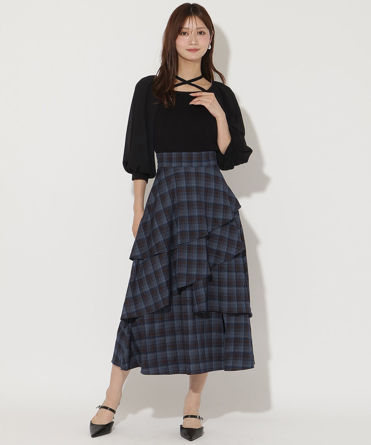 アンドクチュール「チェックアシメティアードスカート」|フレア|