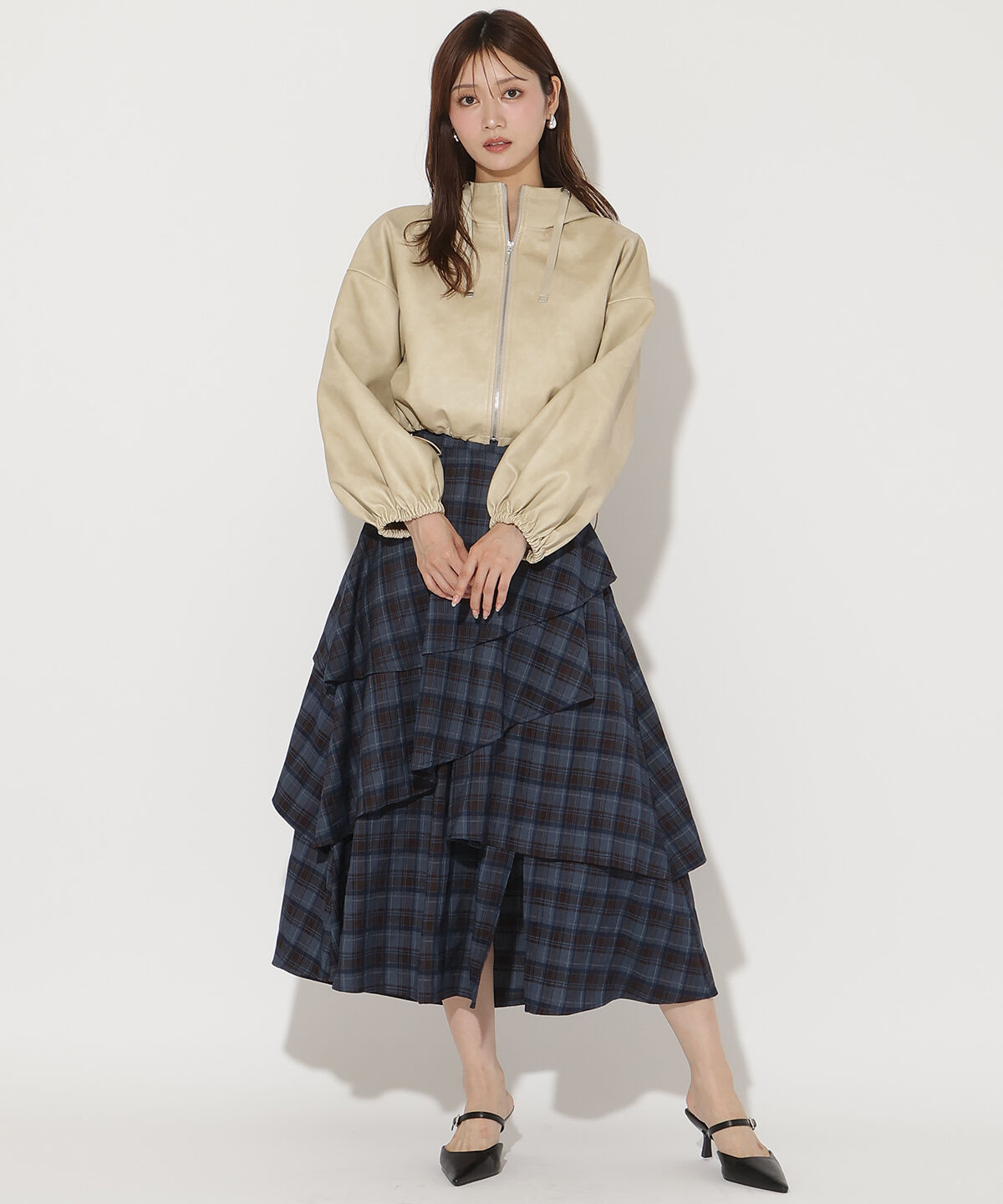 アンドクチュール「チェックアシメティアードスカート」|フレア|