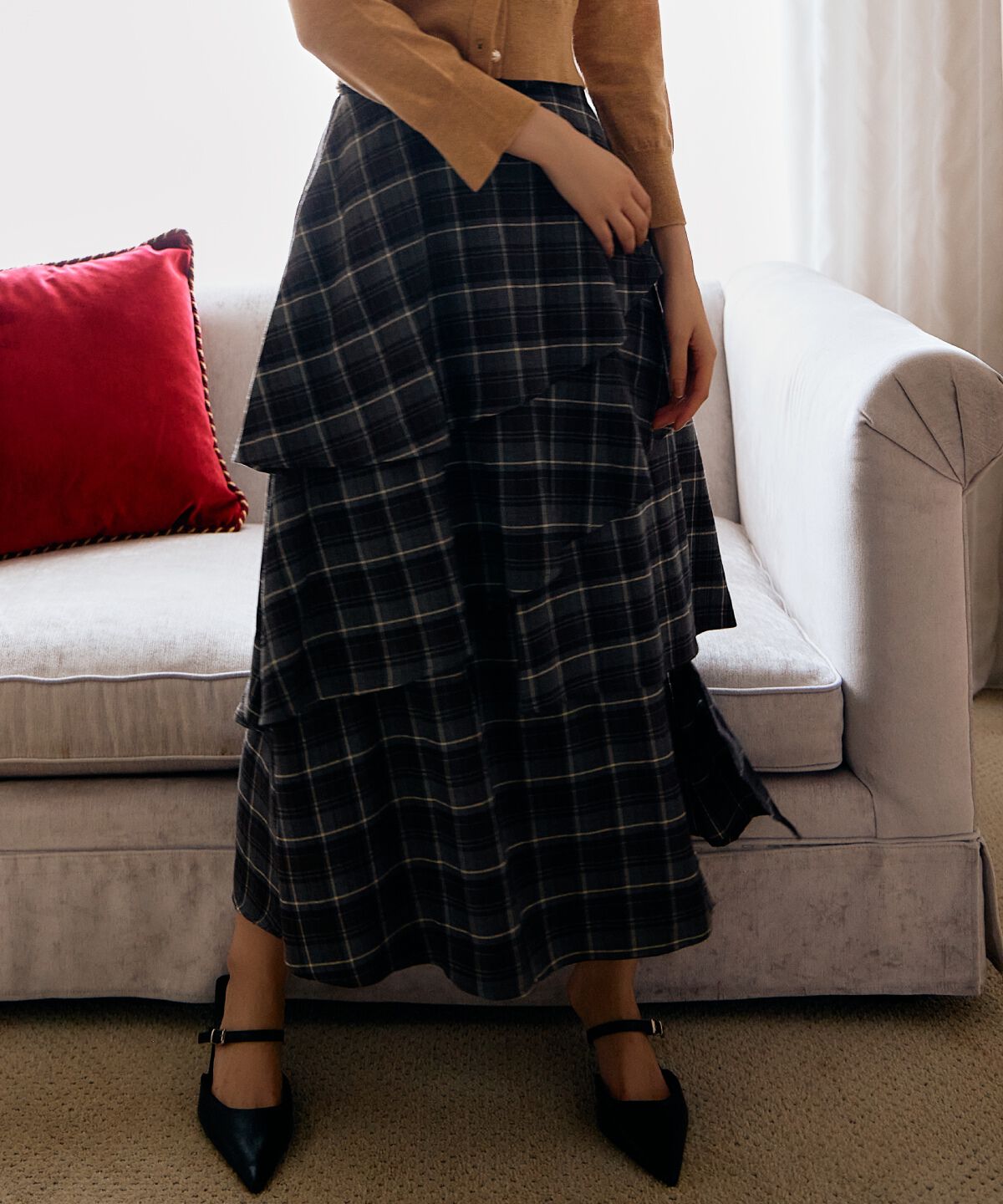 アンドクチュール「チェックアシメティアードスカート」|フレア|