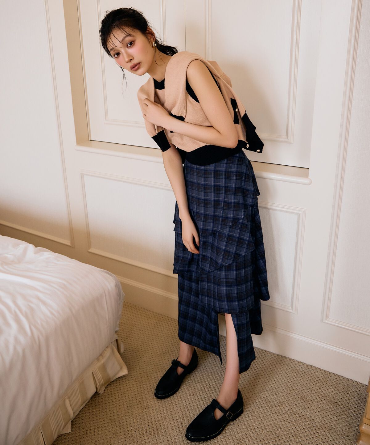 アンドクチュール「チェックアシメティアードスカート」|フレア|