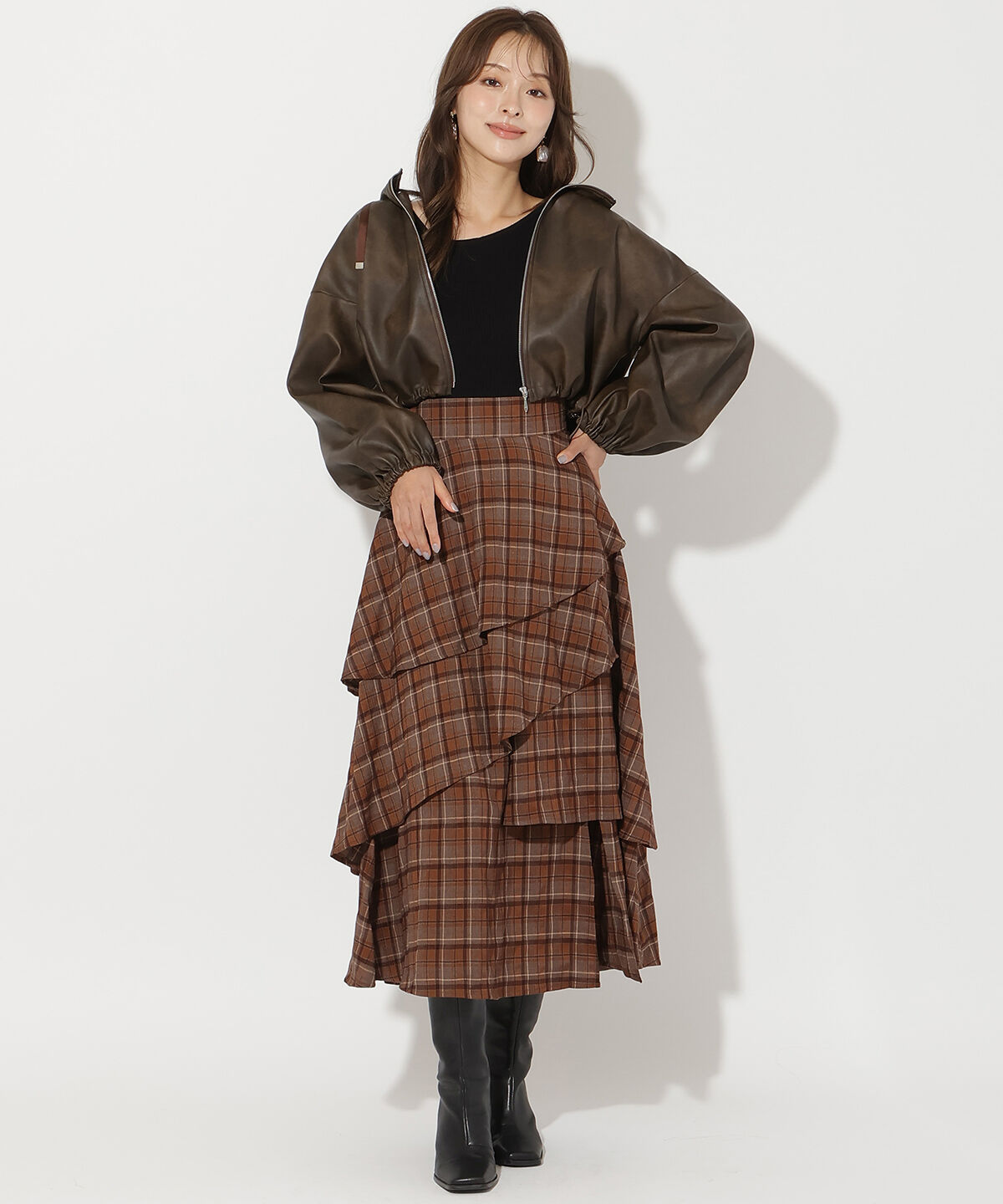 アンドクチュール「チェックアシメティアードスカート」|フレア|