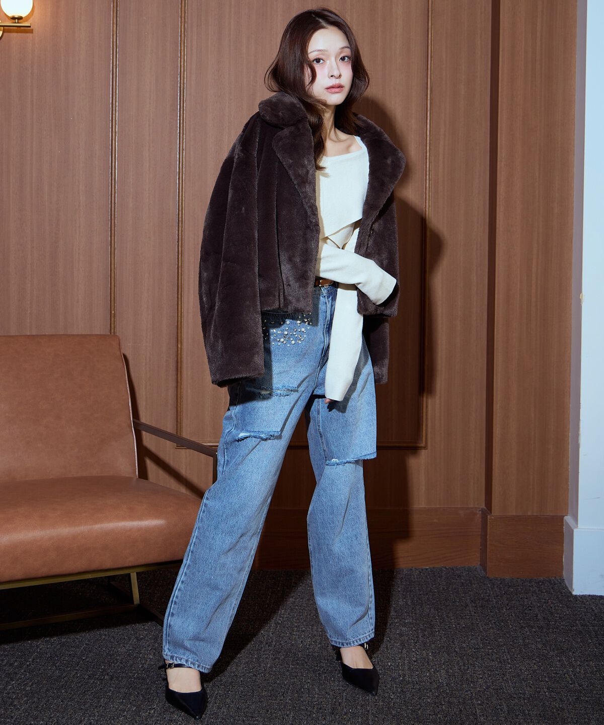 アンドクチュール「パール&times;ビジューダメージデニム」|デニム|ブルー