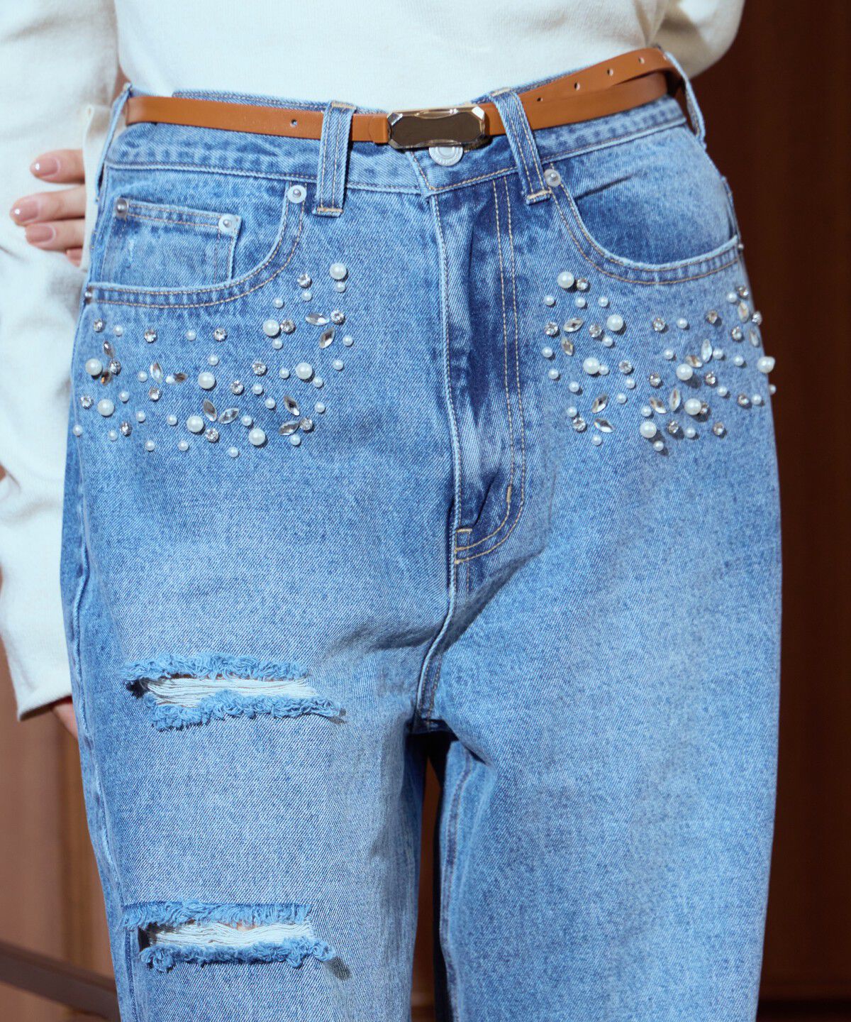 アンドクチュール「パール&times;ビジューダメージデニム」|デニム|