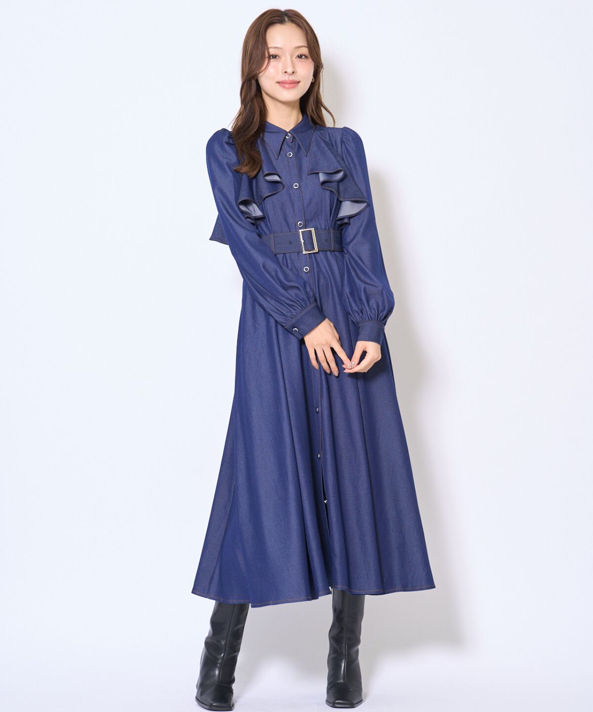 アンドクチュール「フリルケープシャツワンピース」|ワンピース|ネイビー