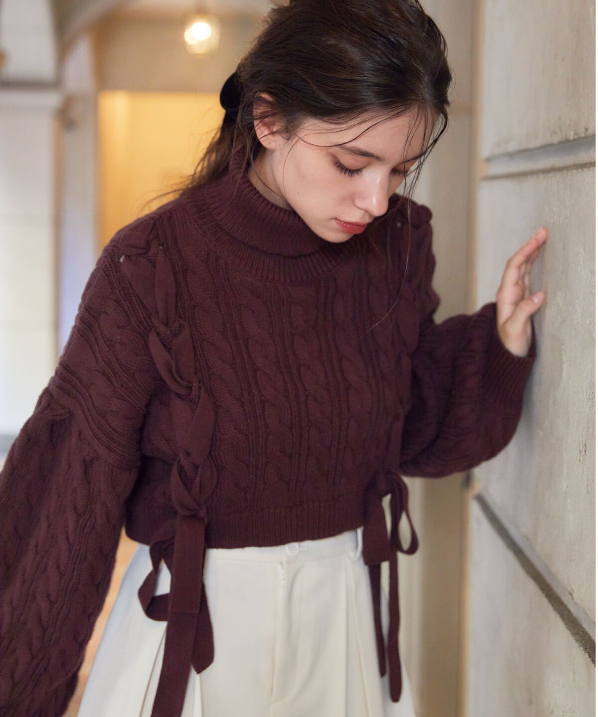 REDYAZEL「サイドリボンケーブルニット」|ニット・セーター|