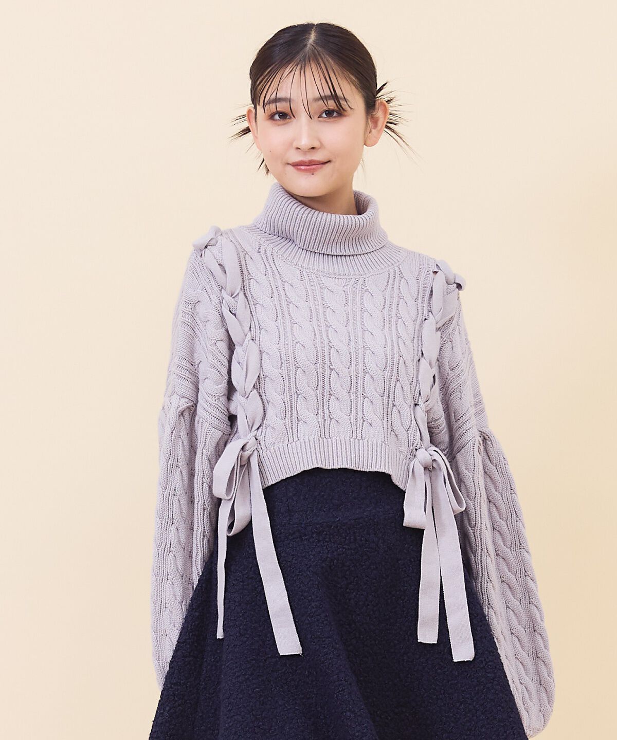 REDYAZEL「サイドリボンケーブルニット」|ニット・セーター|ライトグレー
