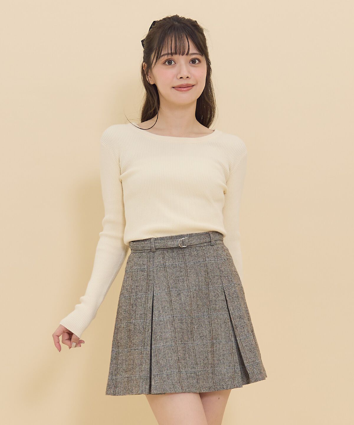 REDYAZEL「ヘリンボーンチェックタックミニスカート」|フレア|ベージュ