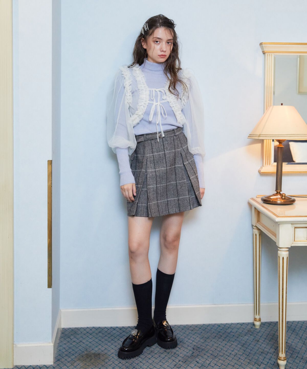 REDYAZEL「ヘリンボーンチェックタックミニスカート」|フレア|