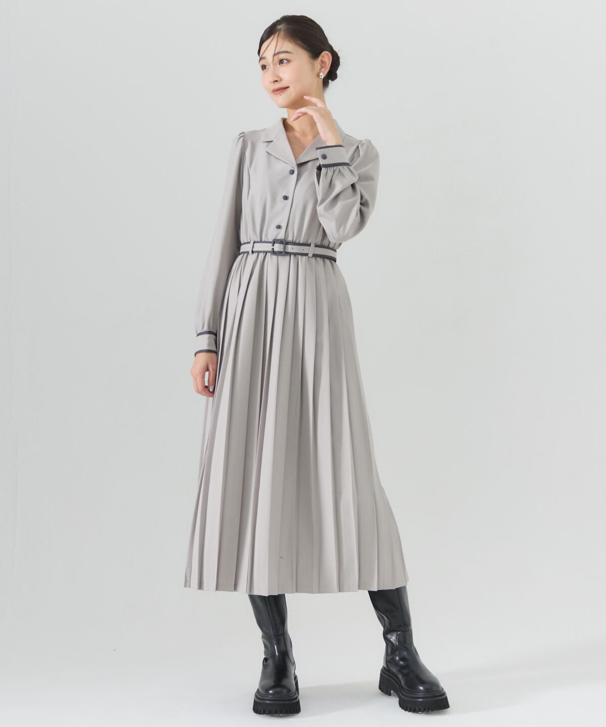 REDYAZEL「バイカラープリーツシャツワンピース」|ワンピース|グレー
