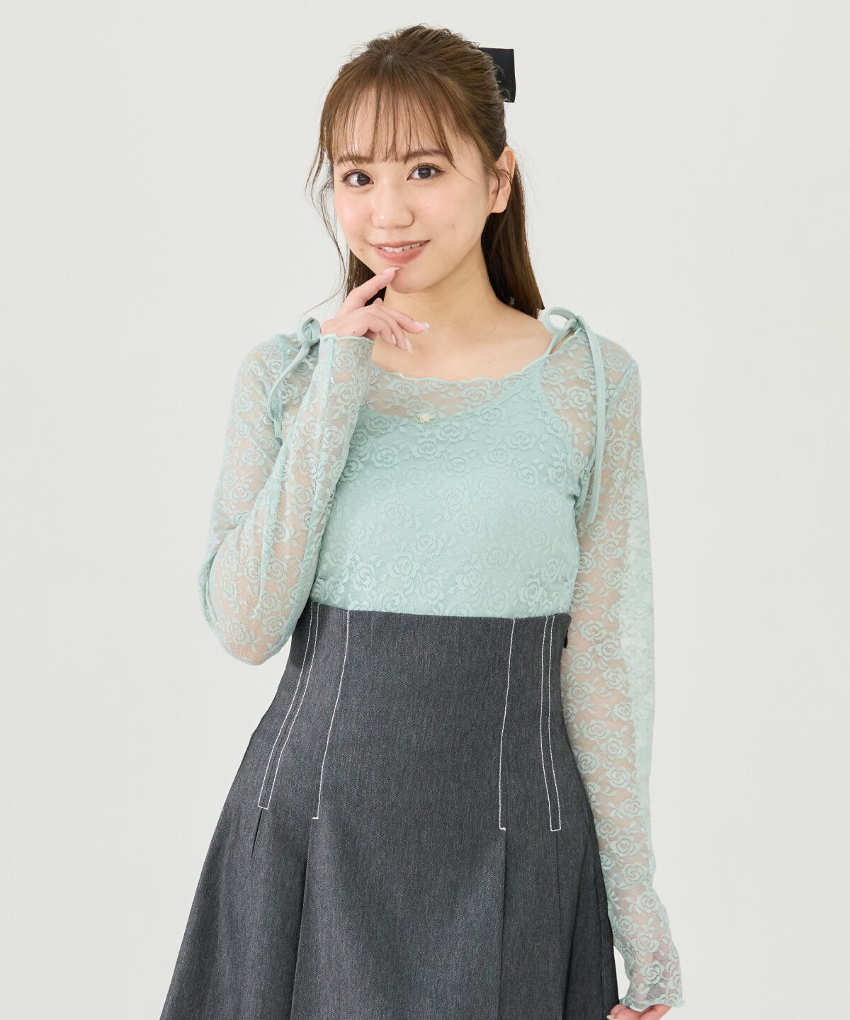 REDYAZEL「レーストップス＆リボンショルダーキャミソールセット」|Tシャツ・カットソー|グリーン