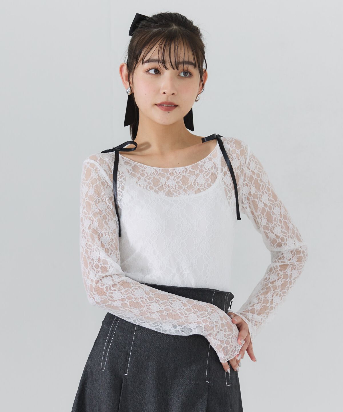 REDYAZEL「サテンリボンショルダーレーストップス」|Tシャツ・カットソー|