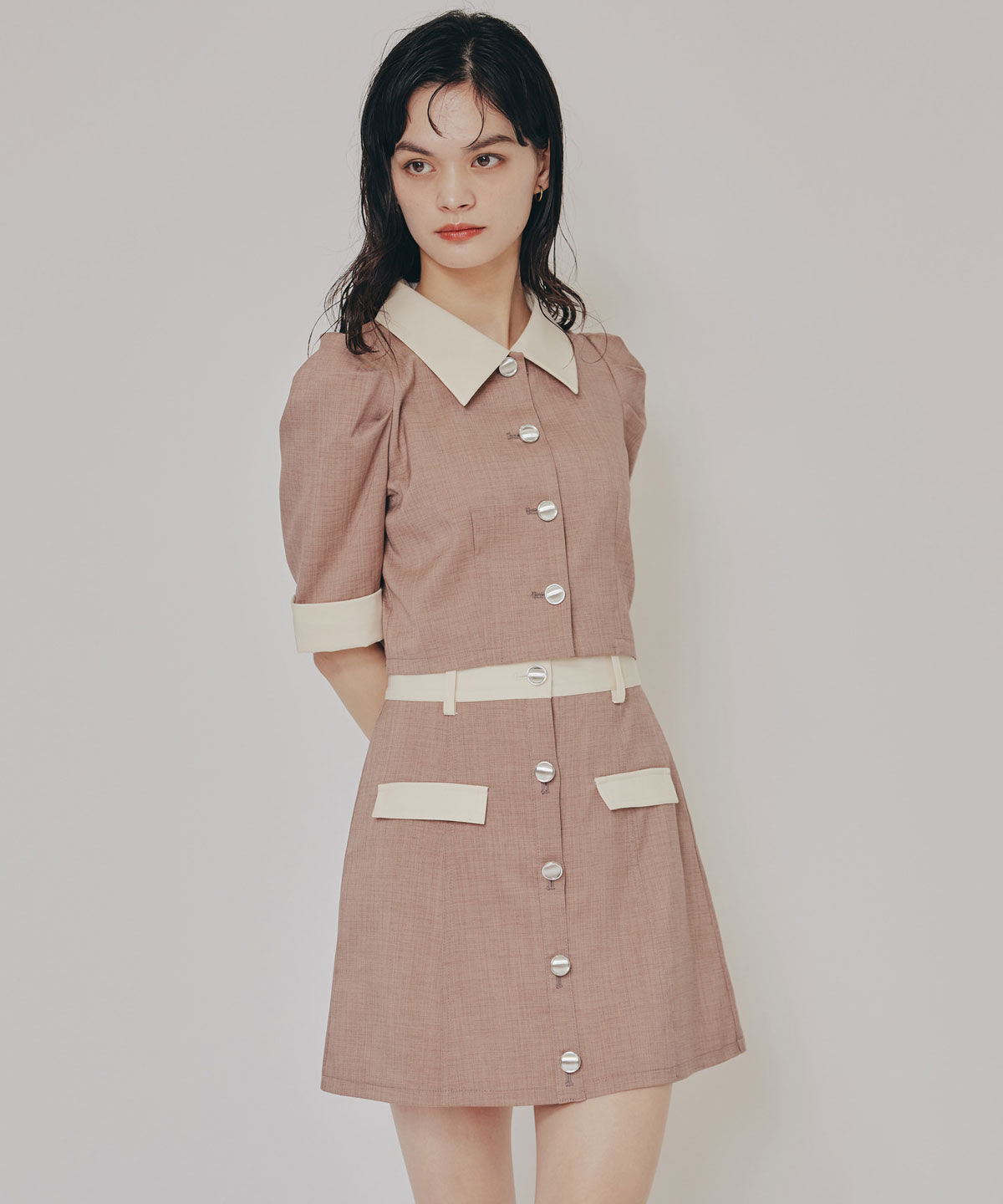 REDYAZEL「バイカラーミニマムジャケット&ミニスカートセットアップ」|ワンピース|キャメル