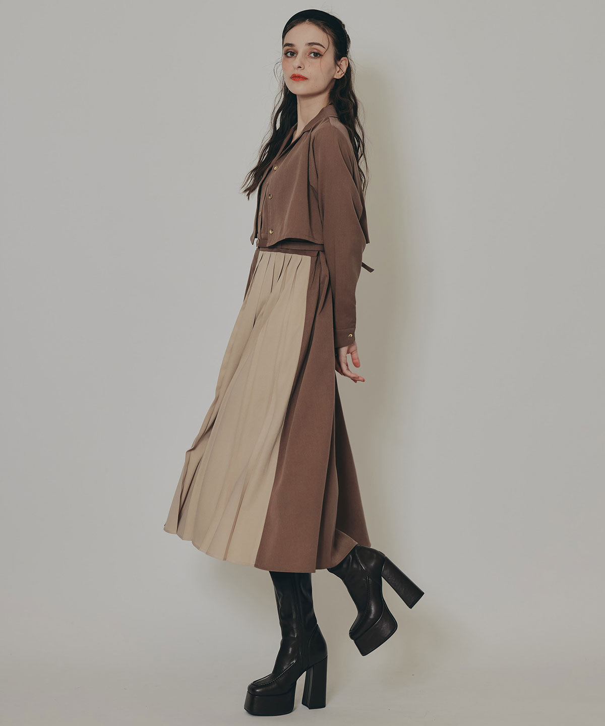 REDYAZEL「バイカラーアシメプリーツロングスリーブシャツワンピース」|ワンピース|