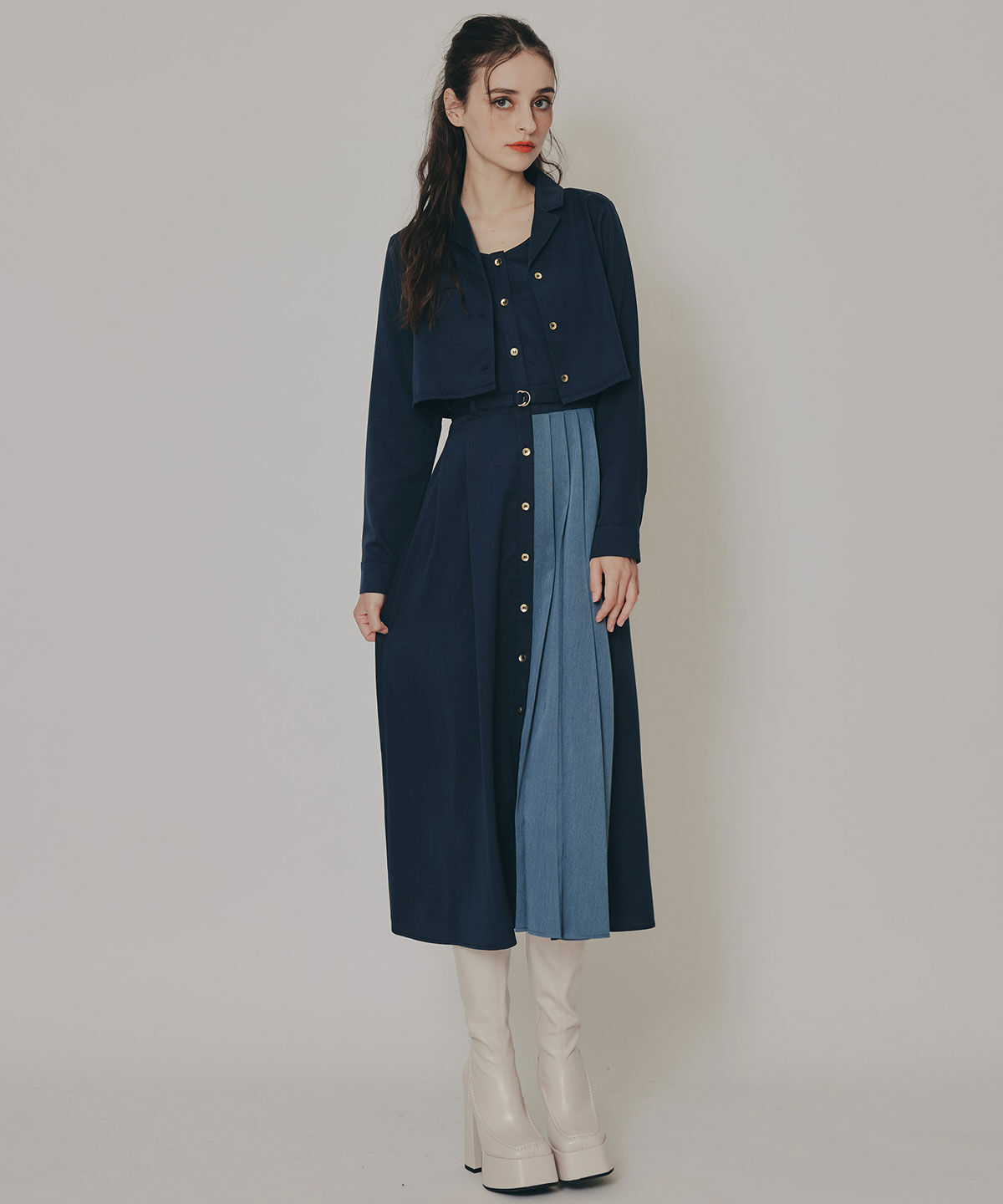 REDYAZEL「バイカラーアシメプリーツロングスリーブシャツワンピース」|ワンピース|ネイビー