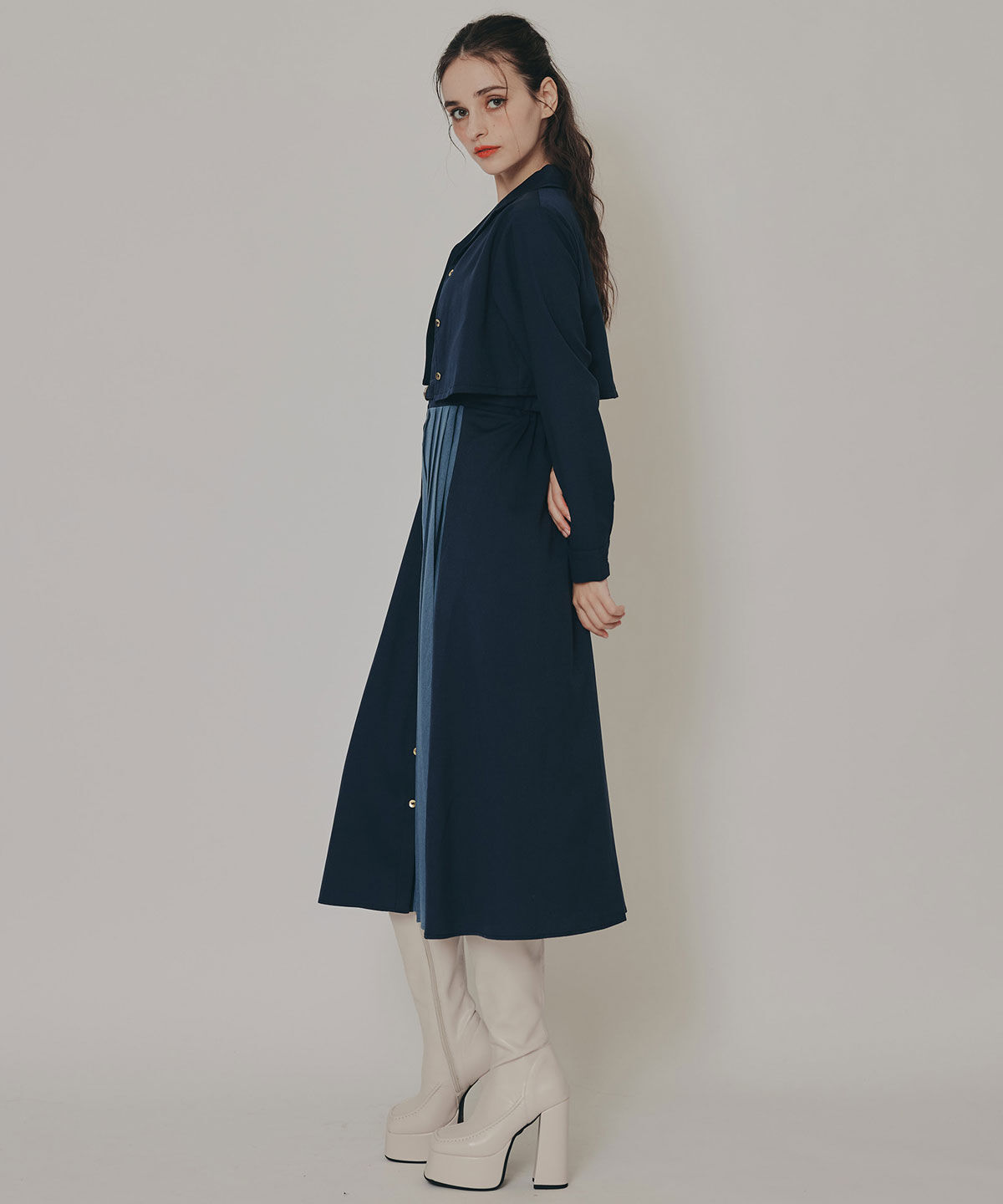 REDYAZEL「バイカラーアシメプリーツロングスリーブシャツワンピース」|ワンピース|