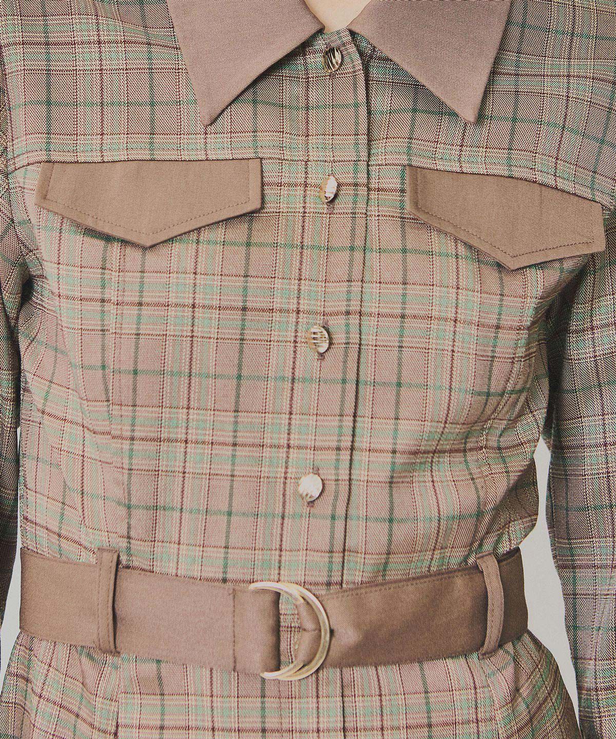 REDYAZEL「バイカラーチェックボックスプリーツシャツミニワンピース」|ワンピース|