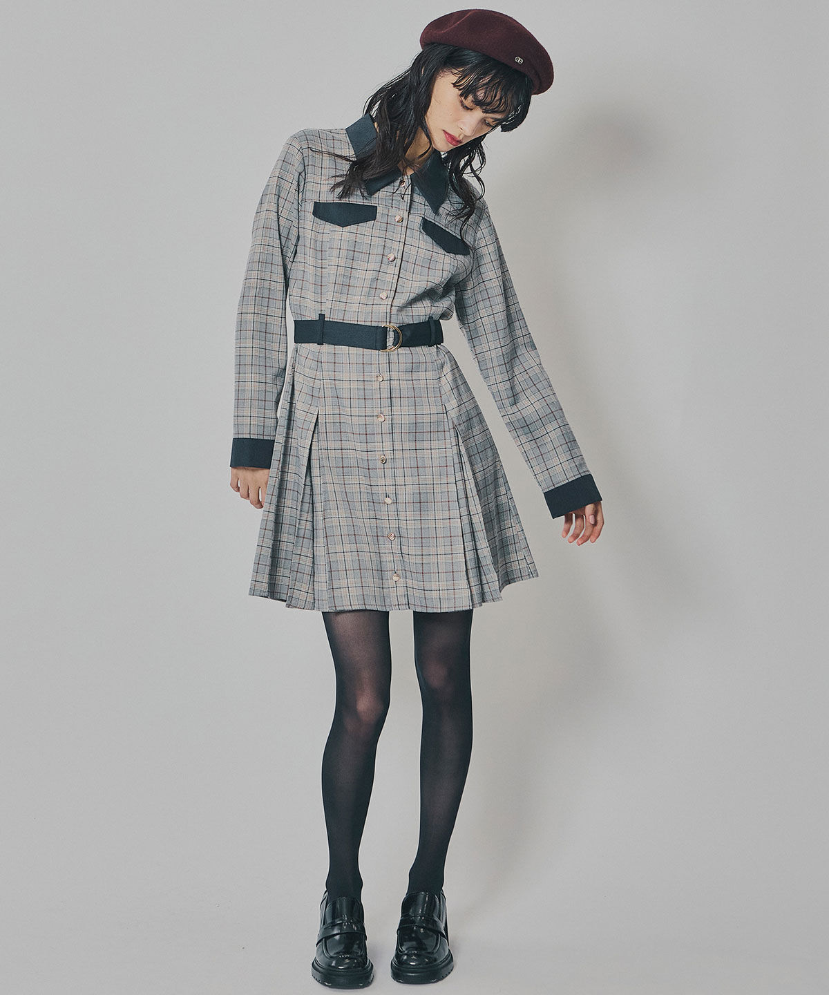 REDYAZEL「バイカラーチェックボックスプリーツシャツミニワンピース」|ワンピース|