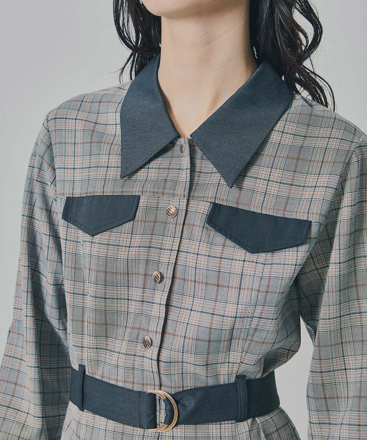 REDYAZEL「バイカラーチェックボックスプリーツシャツミニワンピース」|ワンピース|