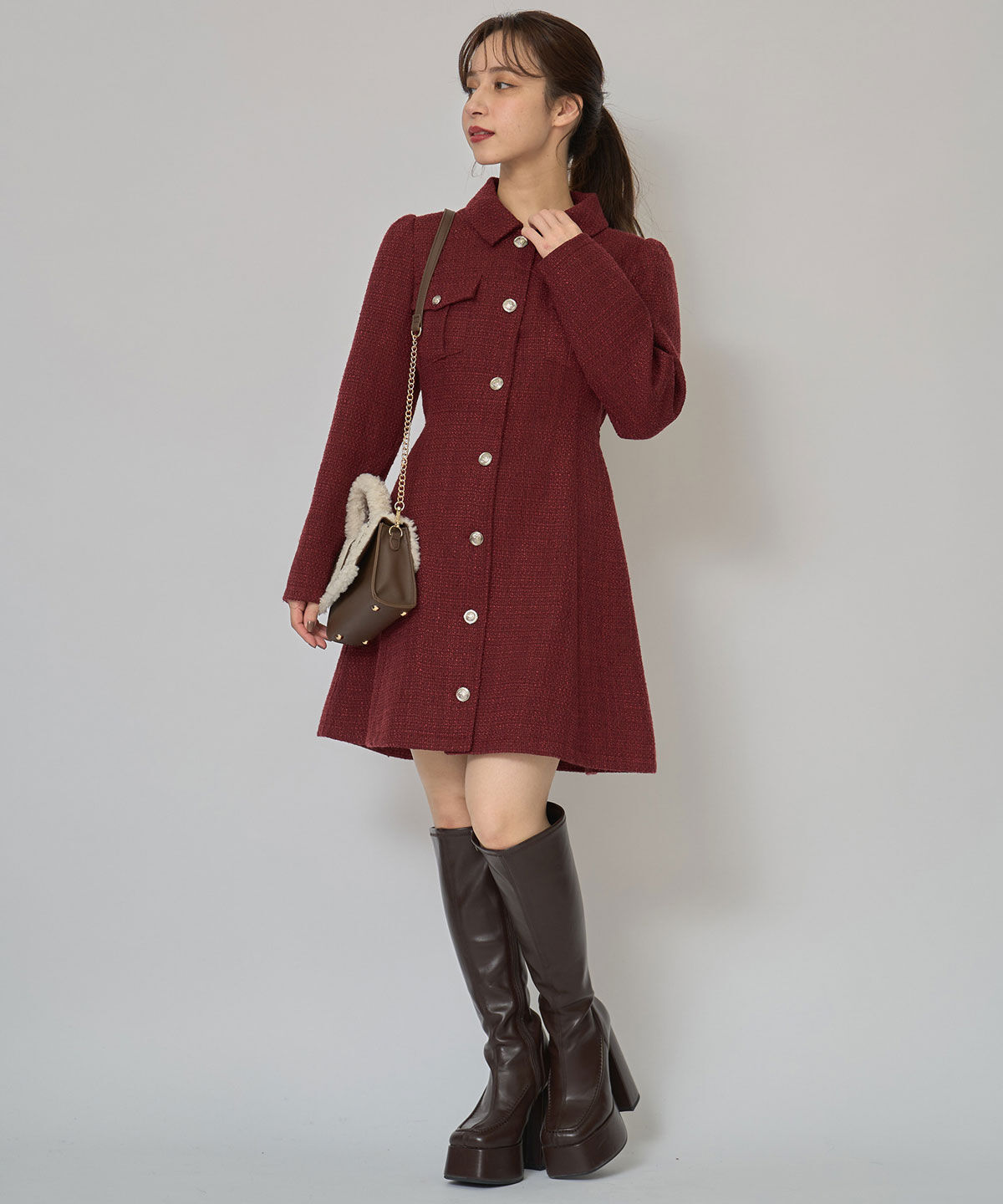 REDYAZEL「エンブレムボタンツイードシャツミニワンピース」|ワンピース|