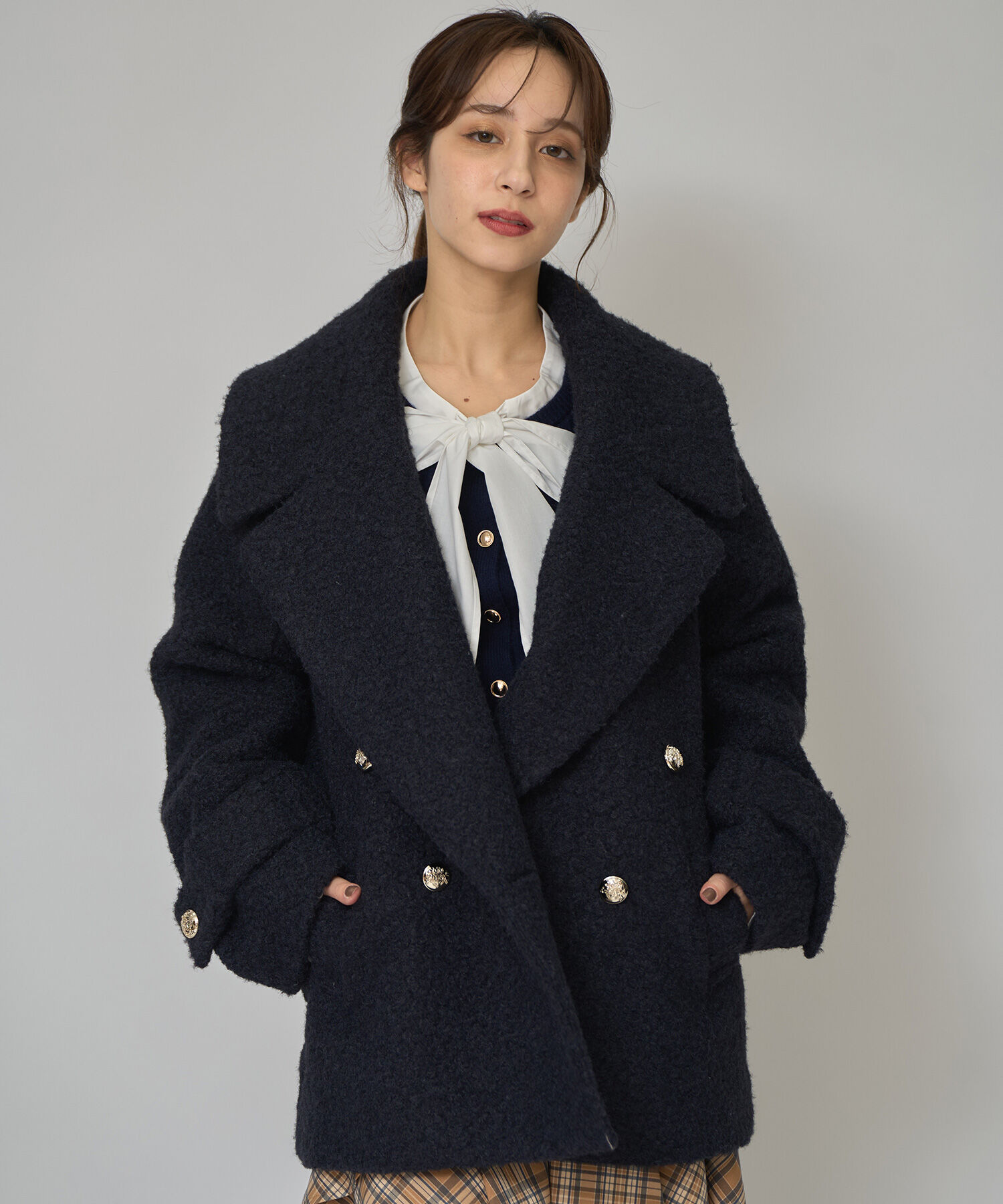 REDYAZEL「ボアダブルミドルコート」|ステンカラーコート|ネイビー