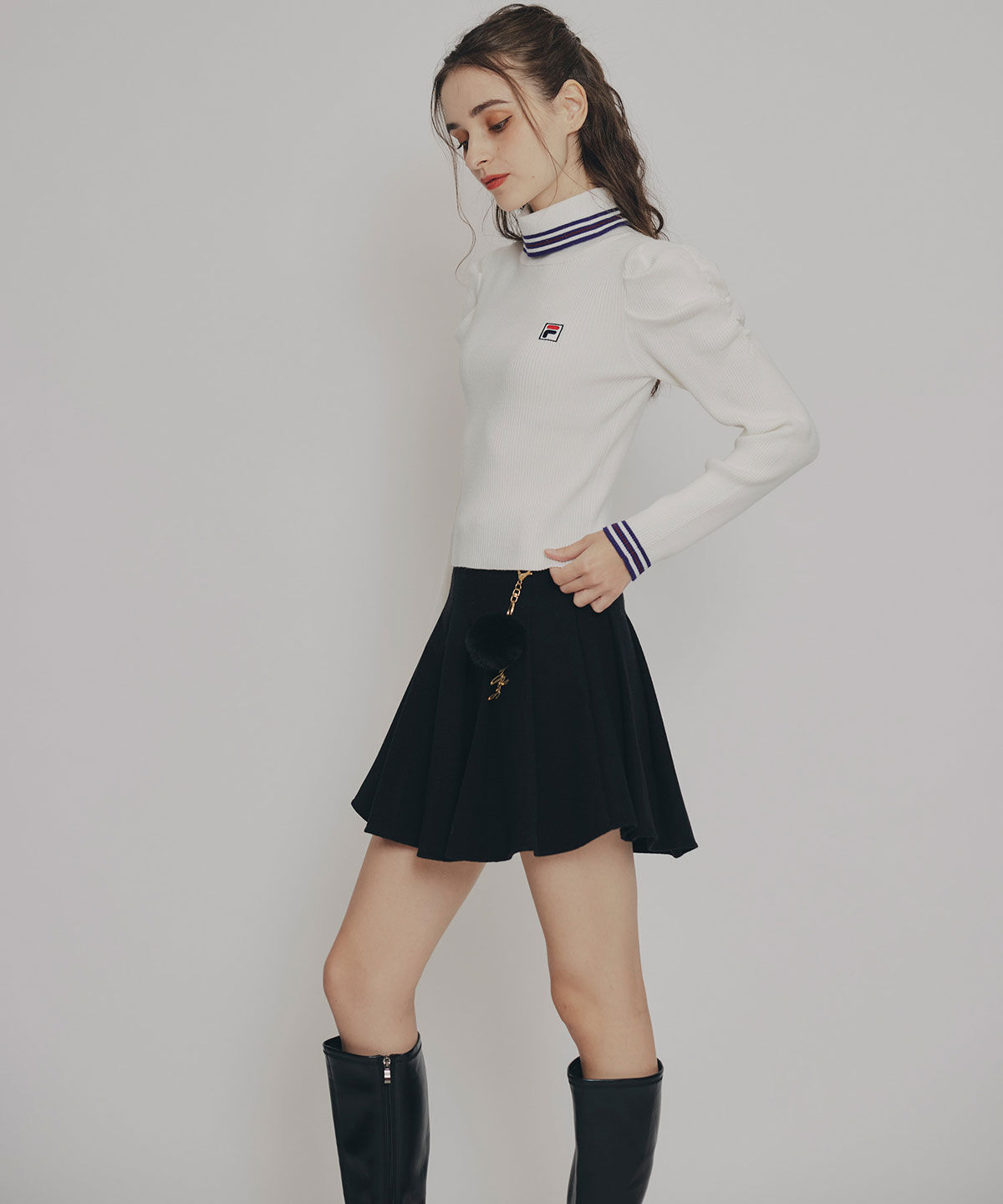 REDYAZEL「ファーチャームウールライクプリーツミニスカート」|フレア|