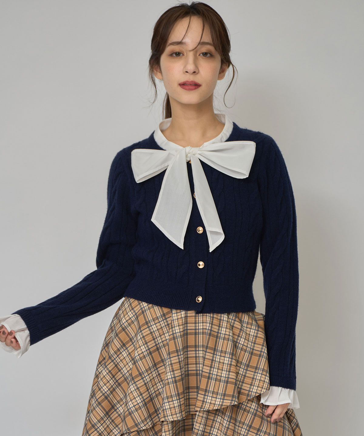 REDYAZEL「ボウタイケーブルニットプルオーバー」|ニット・セーター|ネイビー