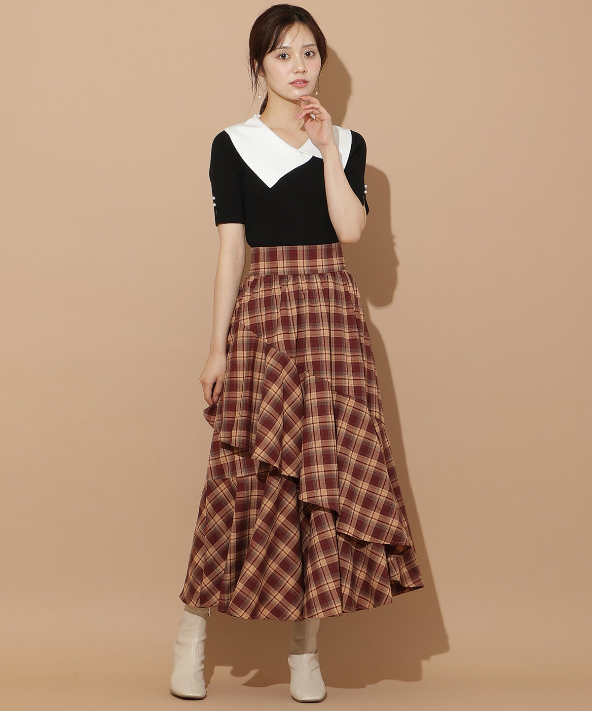 WILLSELECTION「アシメフリルレイヤードスカート」|フレア|茶系チェック