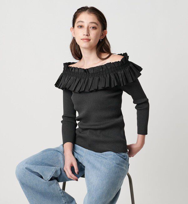 UNITED ARROWS「ギャザー オフショルダー 7分袖ニット ‐ウォッシャブル‐」|ニット・セーター|DK.GRAY