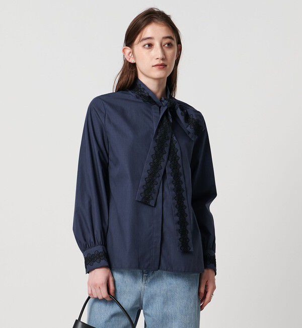 UNITED ARROWS「レース コンビ ボウタイ リボン ブラウス ‐ウォッシャブル‐」|シャツ・ブラウス|NAVY