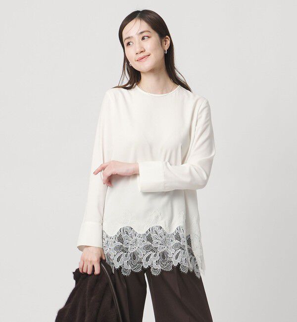 UNITED ARROWS「バックサテン レースコンビ ブラウス ‐ウォッシャブル‐」|シャツ・ブラウス|OFF WHITE