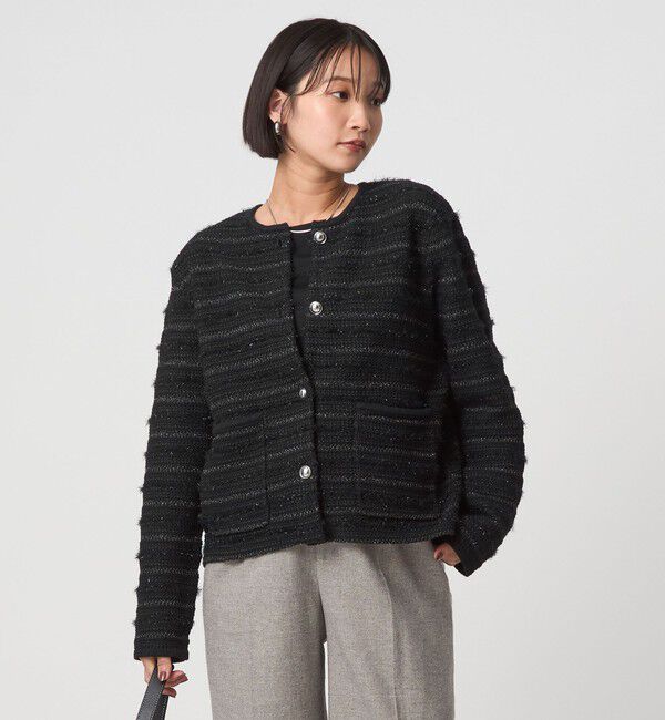 UNITED ARROWS green label relaxing「ミックスツイードライク ノーカラー ニット カーディガン」|カーディガン|