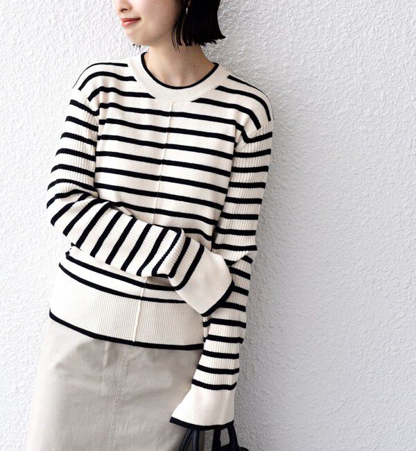 SHIPS for women「【WEB限定】〈手洗い可能〉ボーダー リブ スリーブ ベーシック ニット」|ニット・セーター|オフホワイト