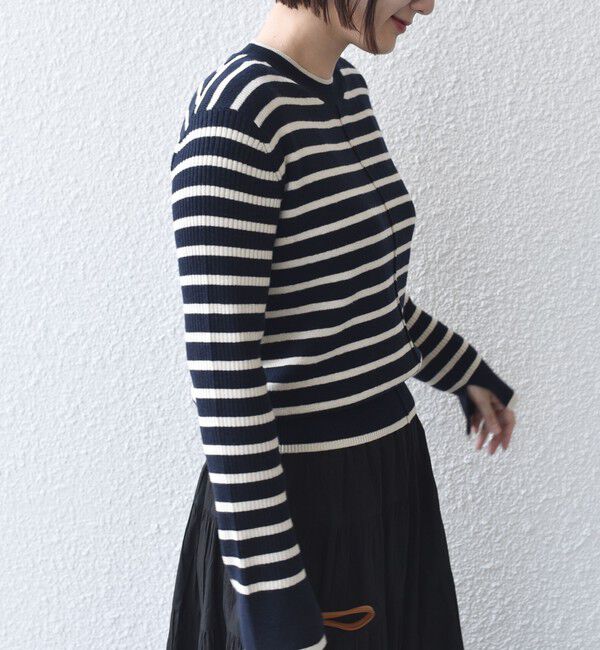 SHIPS for women「【WEB限定】〈手洗い可能〉ボーダー リブ スリーブ ベーシック ニット」|ニット・セーター|