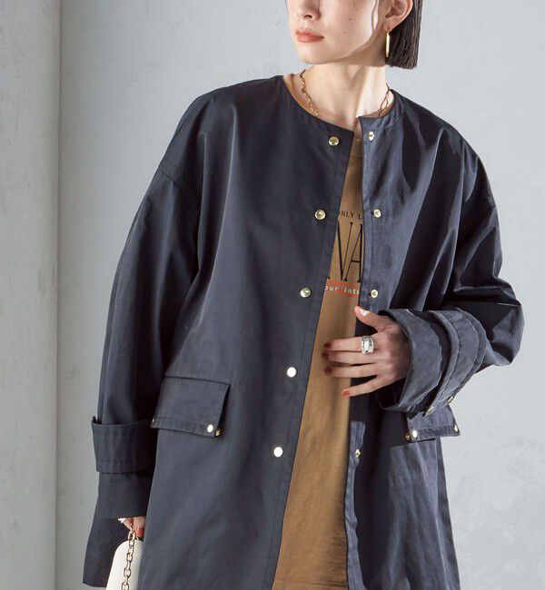 SHIPS for women「〈撥水加工/手洗い可能〉綿 ナイロン ギャバ ノーカラー ミディ コート 24SS ◇」|ノーカラーコート|ネイビー