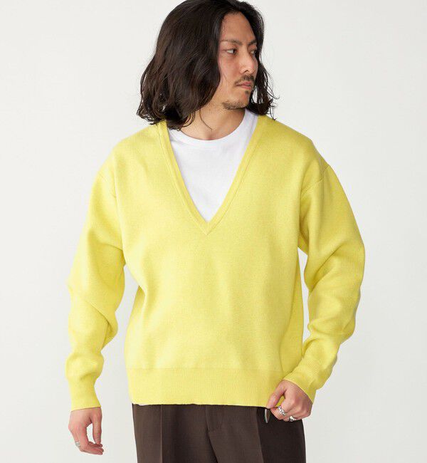 SHIPS「SHIPS: ダブルフェイス コットンカシミヤ Vネック 長袖 ニット」|ニット・セーター|イエロー