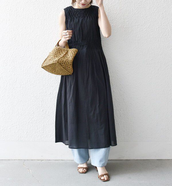 SHIPS any「【WEB限定】SHIPS any: ハンドスモッキング  コットン フレア ノースリーブ ワンピース」|ワンピース|